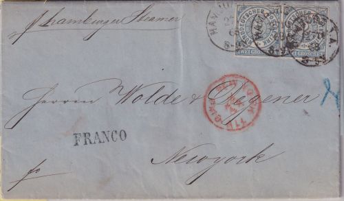 NDP/USA - 2 Gr. dst. waagr. Paar Brief K1 Hamburg - New York 1868