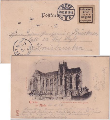 DR - Metz 1897 Soldatenbrief Vignette portofreie Karte n. Zweibrücken