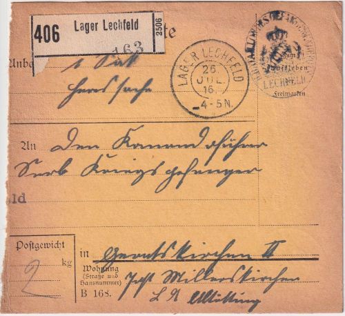 Bayern - Lager Lechfeld Reserve-K2 Heeressache-Paketkarte n. Geratskirchen 1916