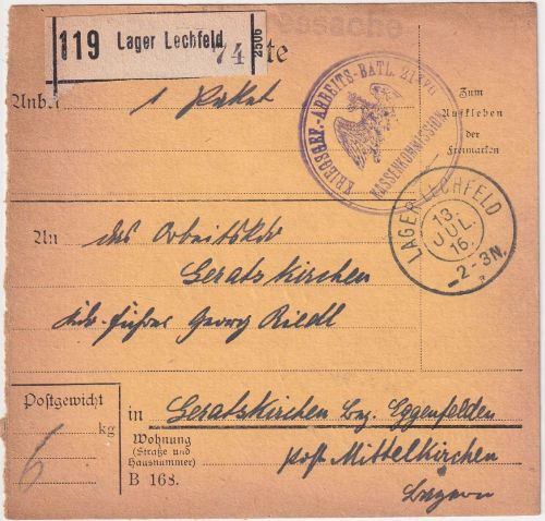 Bayern - Lager Lechfeld Reserve-K2 Heeressache-Paketkarte n. Geratskirchen 1916