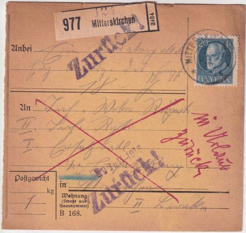 Bayern - 20 Pfg. Ludwig Soldatenpaketkarte/Sondertarif Mitterskirchen 1916