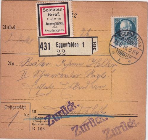 Bayern - 20 Pfg. Ludwig Soldatenpaketkarte/Sondertarif Eggenfelden 1916