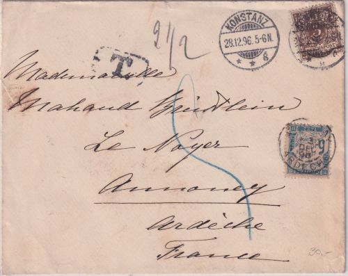 DR/Frankreich - 3 Pfg. K/A Drucksache Konstanz - Annonay 1896 Nachporto !