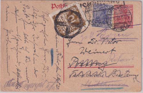 DR/Slowakei - 10 Pfg. Germania GA+Zusatz Mülheim/Ruhr - Bratislava 2.9.20 retour
