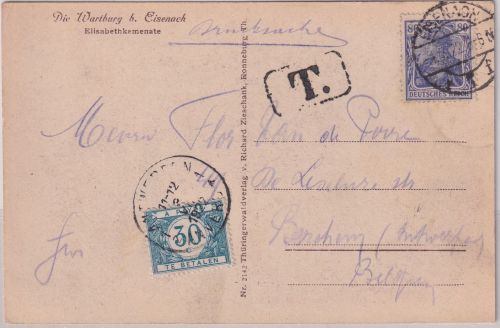 DR/Belgien - 80 Pfg Germania Drucksachenkarte Eisenach 1.7.22 - Nachporto !