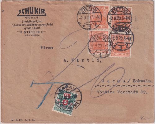 DR/Schweiz - 4x10 Pfg. Germania Brief Stettin - Aarau 2.9.20 - 20 Rp. Nachporto