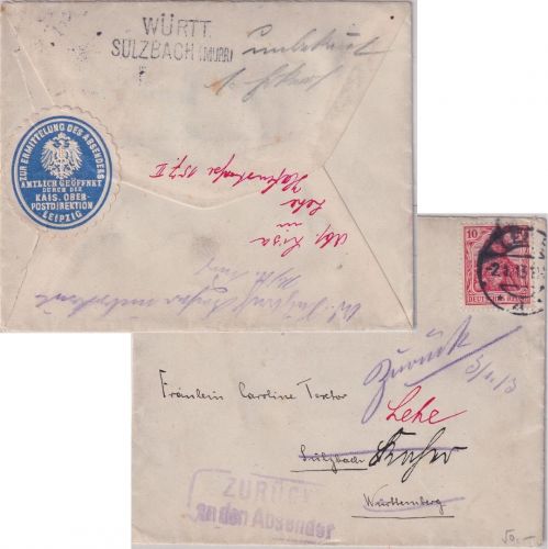 DR - OPD Leipzig "Amtlich geöffnet" Retourbrief Leipzig - Sulzbach 1913