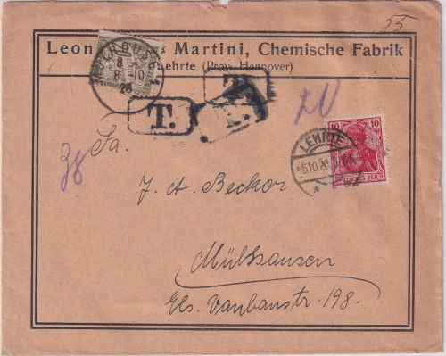 DR/Frankreich - 10 Pfg. Germania Brief Lehrte - Mülhausen 5.10.20 - Nachporto