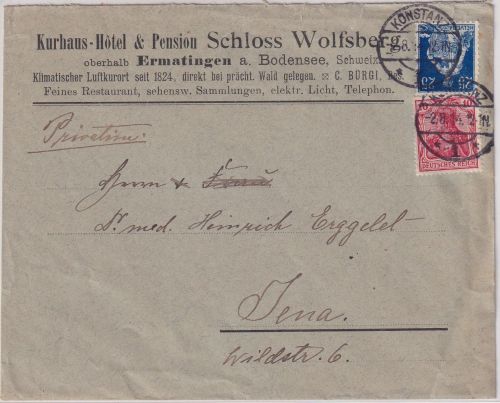 DR/Schweiz - 20 Rp. Helvetia/10 Pfg. Germania Brief Konstanz - Jena 2.8.14 (!)