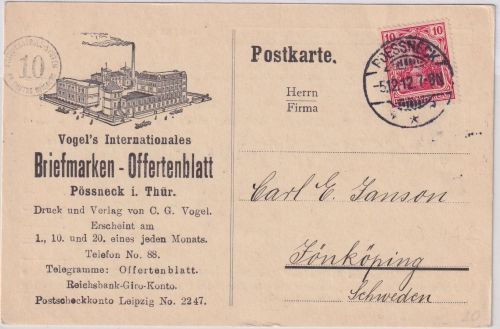 DR/Schweden - 10 Pfg. Germania illustr. Karte Pössneck - Jönköping 1912 - Custos