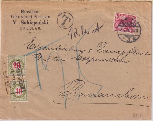 DR/Schweiz - 10 Pfg. Germania Brief Breslau - Romanshorn 4.9.05 - Nachporto