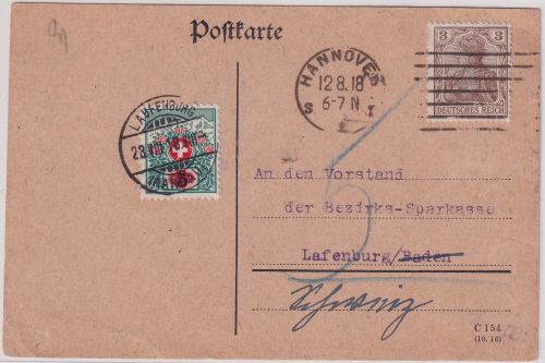 DR/Schweiz - 3 Pfg Germania Drucksachenkarte Hannover - Laufenburg 1918