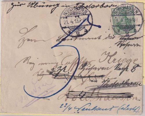 DR - 5 Pfg Germania Ortsbrief Nordhausen 1913 - Nachsendevermerk/Nachporto