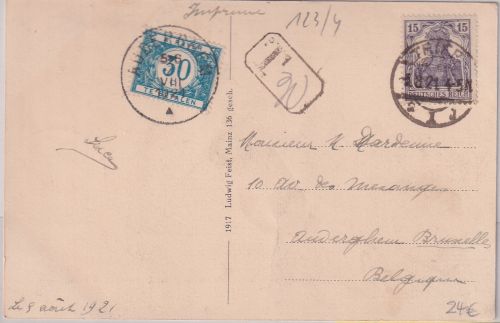 DR/Belgien - 15 Pfg Germania Drucksachenkarte Trier - Auderghem 5.8.21