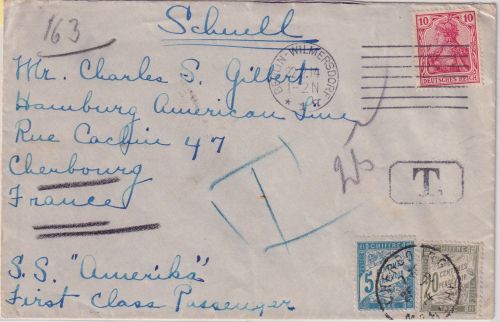 DR/Frankreich - 10 Pfg Germania Brief Berlin - Cherbourg/Schiffsadresse 1914