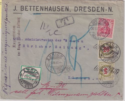 DR/Schweiz - 10 Pfg. Germania Brief Dresden - Zürich 30.8.07 - Nachporto, Retour