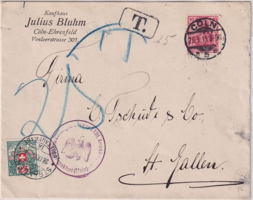 DR/Schweiz - 10 Pfg. Germania Brief Cöln - St. Gallen 25.9.15 Zensur, Nachporto