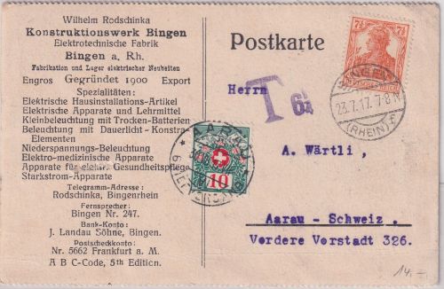 DR/Schweiz - 7 1/2 Pfg. Germania Karte Bingen - Aarau 1917 - Nachporto