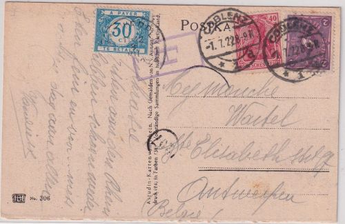 DR/Belgien - 2 M. Posthorn u.a. Karte Koblenz - Antwerpen 1.7.22 Nachporto