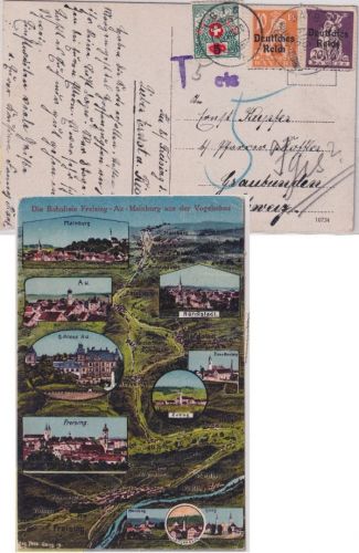 DR/Schweiz - 10+20 Pfg. Abschied Karte Bahnpost Mainburg-Freising 1920 Nachporto