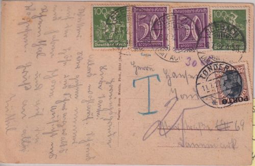 DR/Dänemark - 2x100 Pfg. Bergmann u.a. Karte Seebach - Tondern 1922 Nachporto