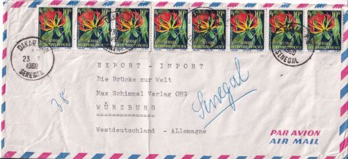 Senegal (Franz. Westafrika) - 8x10 Fr Blumen Luftpostbrief Dakar - Würzburg 1960