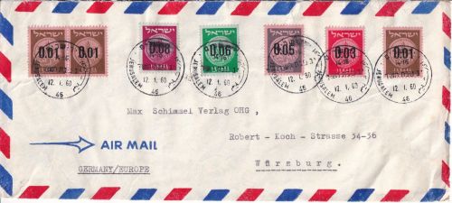 Israel - Freimarken/neue Währung Luftpostbrief Jerusalem - Würzburg 1960