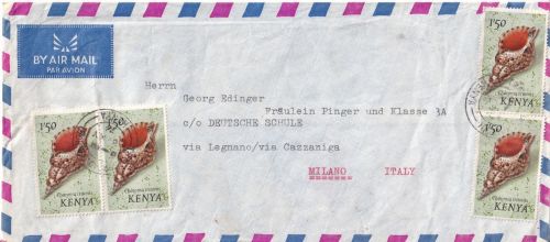 Kenia/Italien - 4x1,50 Sh. Meeresschnecke Luftpostbrief Nairobi - Mailand 1976