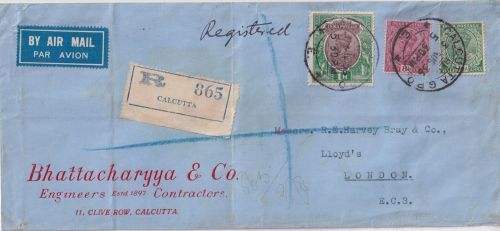 Indien - 1 R. Georg V. u.a. Lupo-Einschreibebrief Calcutta - London 1936