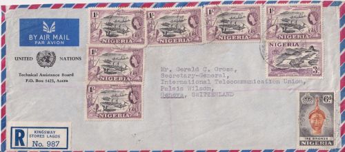 Nigeria - 6x1 Sh. Holzfößer ua. Lupo-Einschreibebrief Kingsway Stores lagos 1960