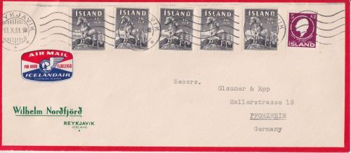 Island - 5 Kr. Sigurdsson u.a. Luftpostbrief Reykjavik - Pforzheim 1961