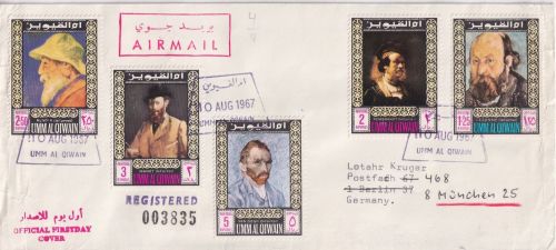 Umm al Qaiwain - Maler/Selbstportraits 5 Werte Lupo-Einschreibebrief/FDC 1967