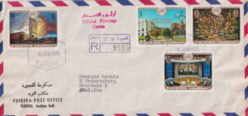Fujeira - Int. Education Year 4 Werte Lupo-Einschreibebrief/FDC n. BELGIEN 1970