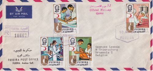 Fujeira - Roter Halbmond/Dunant 4 Werte Lupo-Einschreibebrief/FDC n BELGIEN 1970