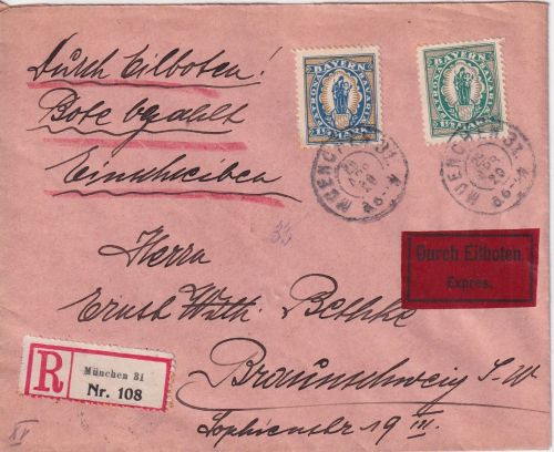 Bayern - 1 1/4 + 1 1/2 M. Patrona Bavariae Eil-Einschreibebrief München 1920