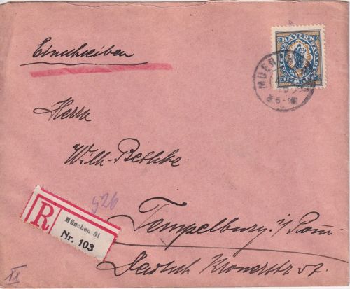 Bayern - 1 1/4 M. Patrona Bavariae Einschreibebrief München - Tempelburg 1920