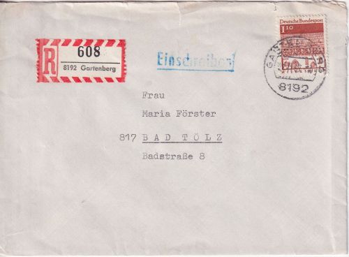 BRD - 1,10 DM Bauwerke II Einschreibebrief Gartenberg - Bad Tölz 1967