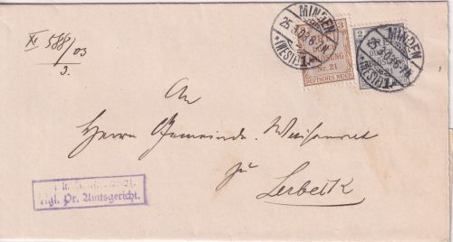 DR - 2+3 Pfg. Zähldienstmarken "21" Brief/Nachbarortsverkehr Minden Lerbeck 1903