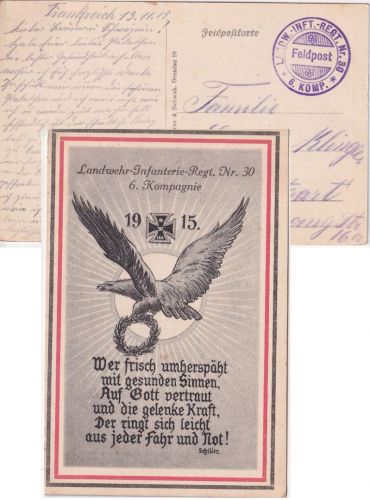 DR - Landwehr Inf.Rgt. Nr. 30 6. Kompagnie patriot. Feldpostkarte 1915