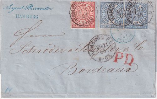 NDP/Frankreich - 2 Gr. waagr. Paar + 1/2 Gr. dst. Brief K1 Hamburg P.E. 5 1869