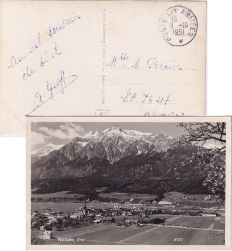 Österreich/franz. Feldpost - Poste aux Armees sw-AK Wattens 1951 an Fp.-Adresse