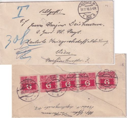 DR/Österreich - 6 H. Portomarke 5er-Streifen Feldpostbrief Berlin - Wien 1916