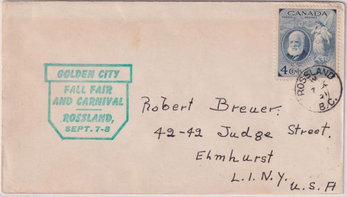 Canada/USA - 4 C. Grham Bell Brief Rossland - Elmhurst 1951 Cachet "Golden City"
