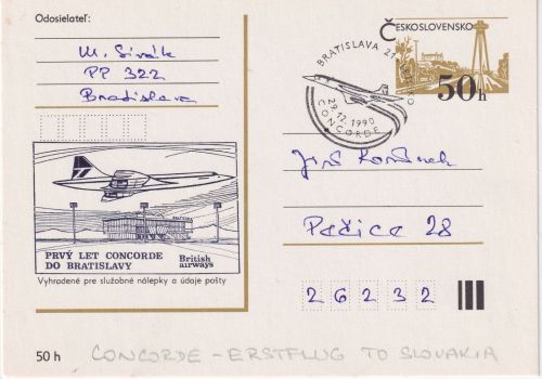 CSSR - 50 H. Ganzsache priv. Zudruck Concorde Erstflug n. Bratislava SST 1990