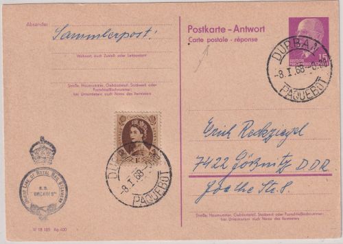 DDR/England - 15 Pfg. Ulbricht GA Antwortteil Durban Paquebot - Gößnitz 1968