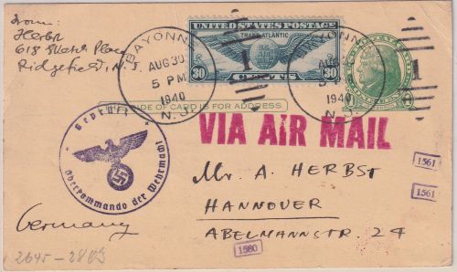 USA - 1 C. Ganzsache+Zusatz Luftpostkarte Bayonne - Hannover 30.8.1940