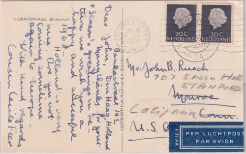 Niederlande - 2x20 C. Juliana Luftpostkarte n. USA s'Gravenhage - Monroe 1960