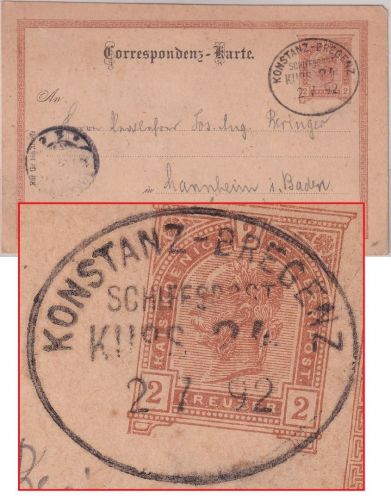 Österreich - Konstanz Bregenz Schiffspost Kurs 24 2 Kr. Ganzsache Bregenz 1892