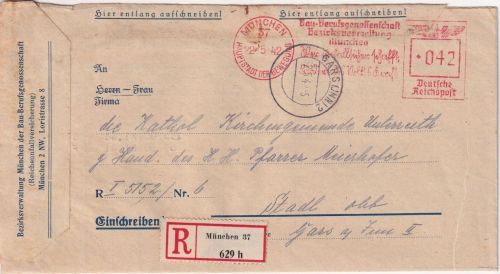 DR - München 1942 42 Pfg. AFS (Bauberufsgenossenschaft) Einschreibebrief