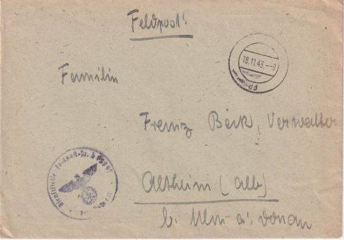 DR - Fp.Nr. 42977 (1.Stff. Jagdgeschwader 1 - Deelen) Tarnstempel Brief 18.11.43